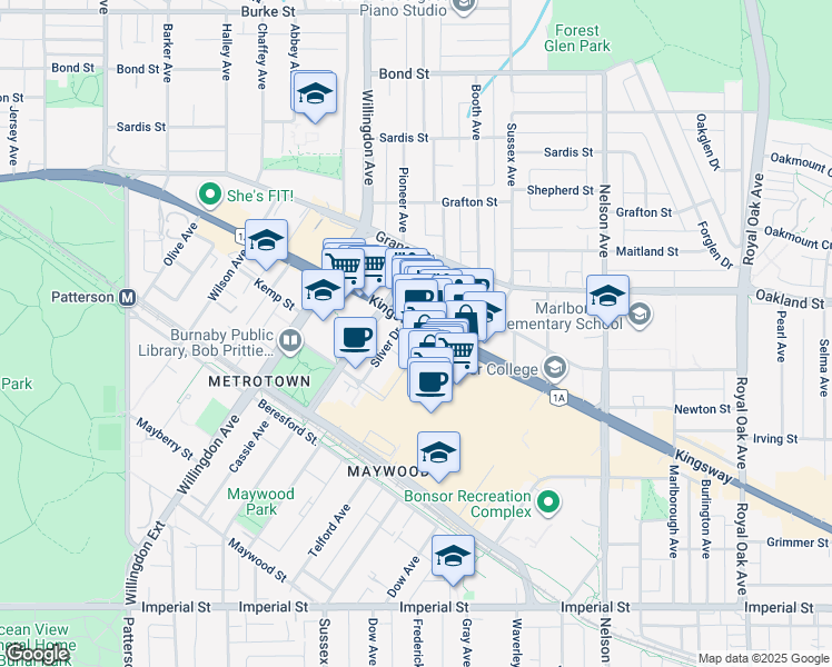 map of restaurants, bars, coffee shops, grocery stores, and more near 4688 Kingsway in Burnaby