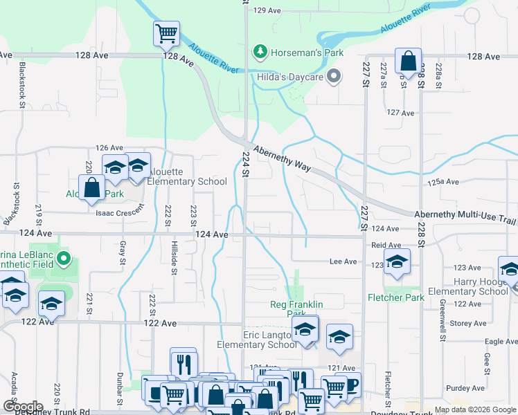 map of restaurants, bars, coffee shops, grocery stores, and more near 12440 224 Street in Maple Ridge