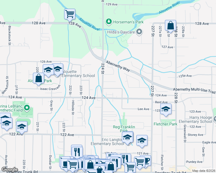 map of restaurants, bars, coffee shops, grocery stores, and more near 12440 224 Street in Maple Ridge