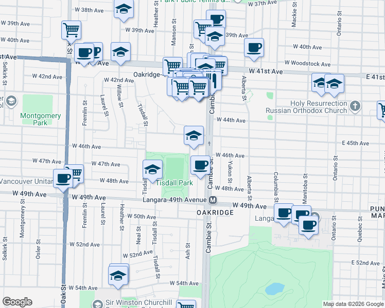 map of restaurants, bars, coffee shops, grocery stores, and more near 6198 Ash Street in Vancouver