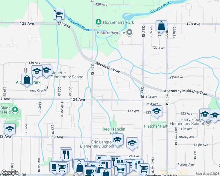 map of restaurants, bars, coffee shops, grocery stores, and more near 22475 Streng Avenue in Maple Ridge