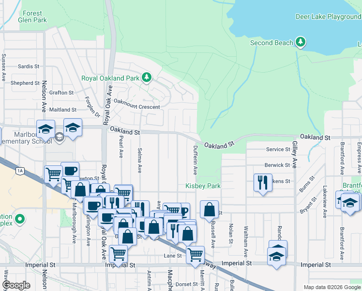 map of restaurants, bars, coffee shops, grocery stores, and more near 6070 Elgin Avenue in Burnaby