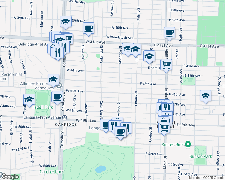 map of restaurants, bars, coffee shops, grocery stores, and more near 133 West 46th Avenue in Vancouver