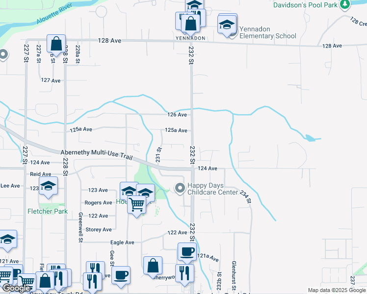 map of restaurants, bars, coffee shops, grocery stores, and more near 12456 231B Street in Maple Ridge