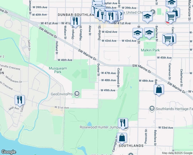 map of restaurants, bars, coffee shops, grocery stores, and more near 6369 Dunbar Street in Vancouver