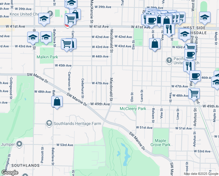 map of restaurants, bars, coffee shops, grocery stores, and more near 6350 Macdonald Street in Vancouver