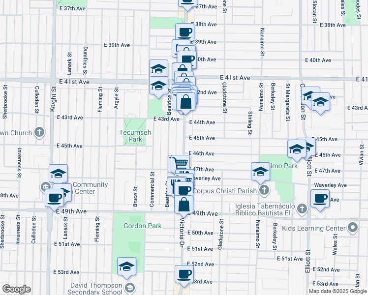 map of restaurants, bars, coffee shops, grocery stores, and more near 6056 Victoria Dr in Vancouver