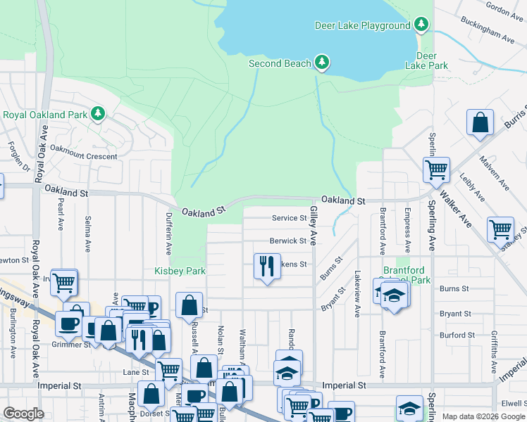map of restaurants, bars, coffee shops, grocery stores, and more near 6037 Service Street in Burnaby