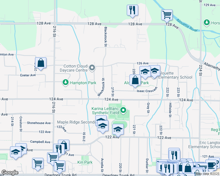 map of restaurants, bars, coffee shops, grocery stores, and more near 12453 219 Street in Maple Ridge