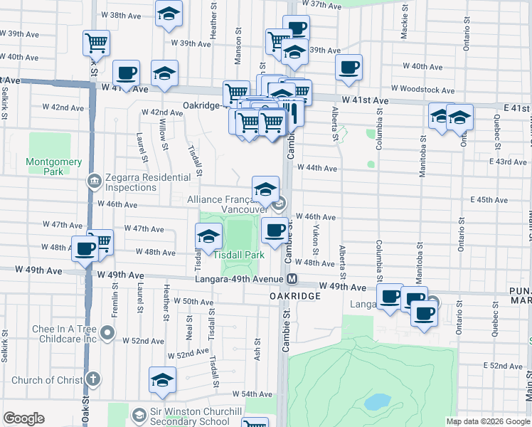 map of restaurants, bars, coffee shops, grocery stores, and more near 6184 Ash Street in Vancouver