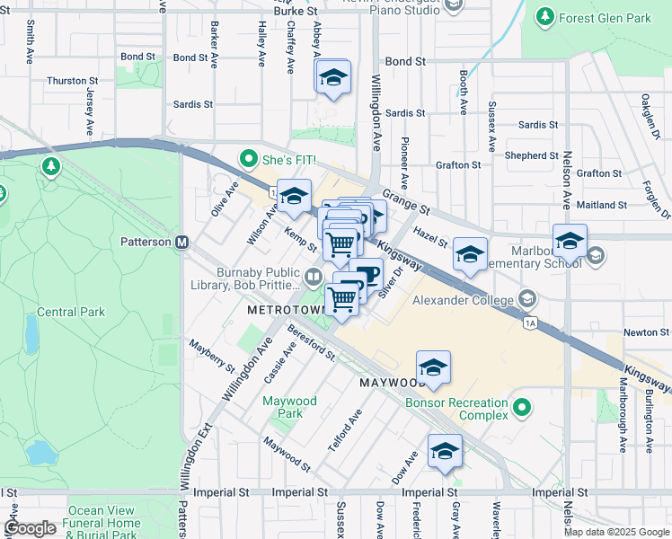 map of restaurants, bars, coffee shops, grocery stores, and more near 4501 Kingsborough Street in Burnaby