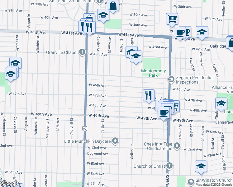 map of restaurants, bars, coffee shops, grocery stores, and more near 1319 West 47th Avenue in Vancouver
