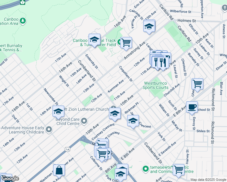 map of restaurants, bars, coffee shops, grocery stores, and more near 8530 Karrman Avenue in Burnaby