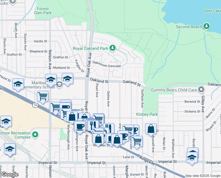 map of restaurants, bars, coffee shops, grocery stores, and more near 6072 Selma Avenue in Burnaby