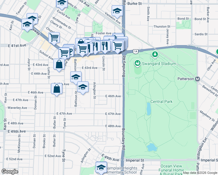 map of restaurants, bars, coffee shops, grocery stores, and more near 3630 East 45th Avenue in Vancouver