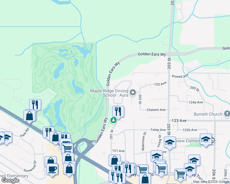 map of restaurants, bars, coffee shops, grocery stores, and more near 12442 Davenport Drive in Maple Ridge
