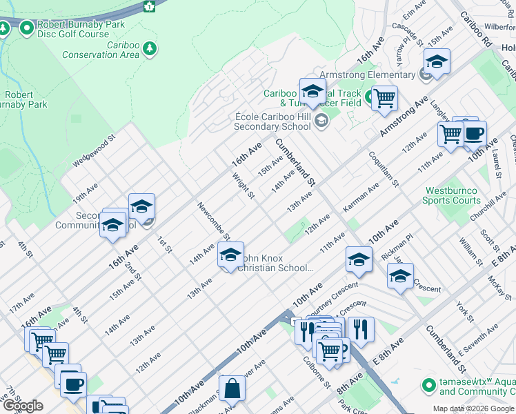 map of restaurants, bars, coffee shops, grocery stores, and more near 8381 14th Avenue in Burnaby