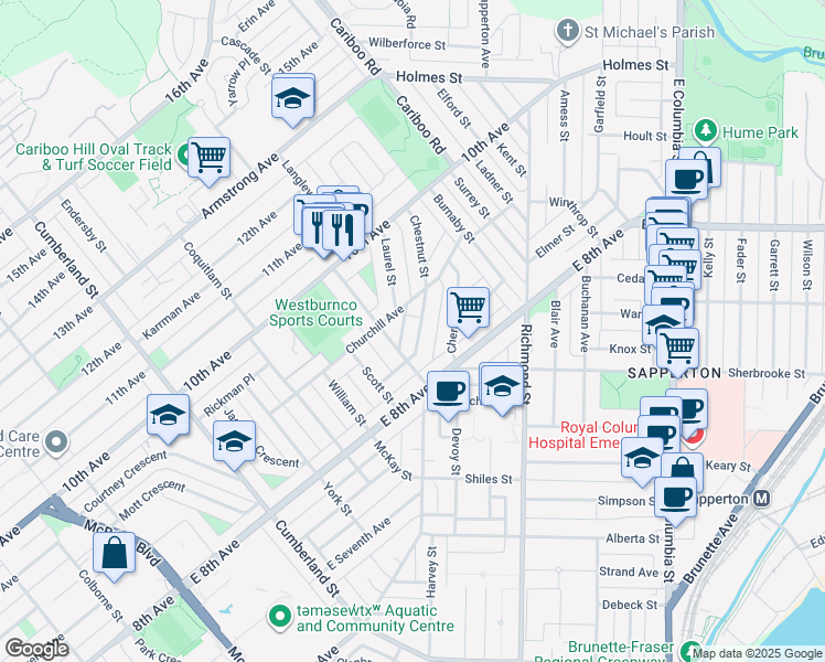 map of restaurants, bars, coffee shops, grocery stores, and more near 827 Chestnut Street in New Westminster