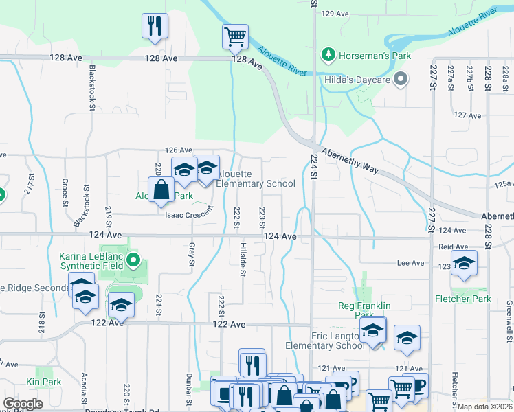 map of restaurants, bars, coffee shops, grocery stores, and more near 12438 222 Street in Maple Ridge