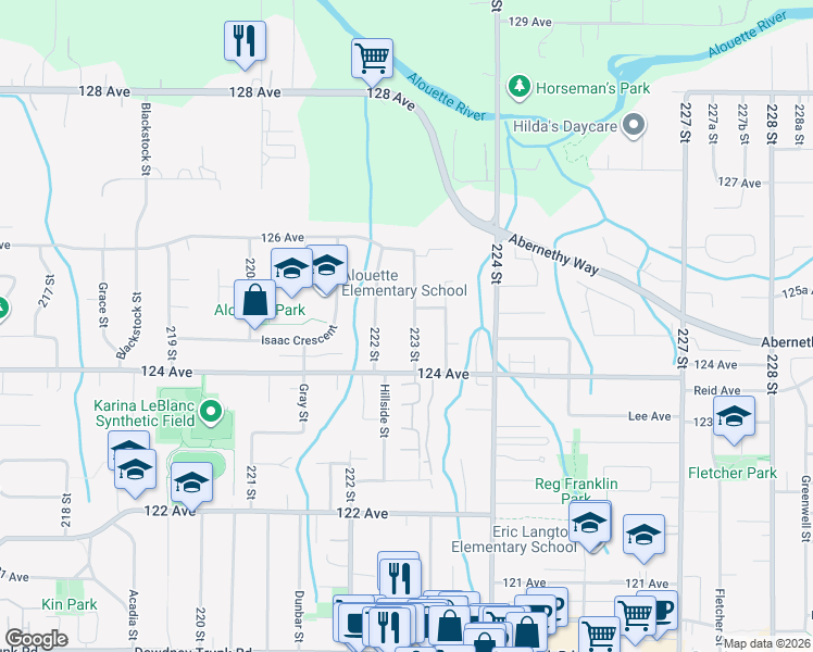 map of restaurants, bars, coffee shops, grocery stores, and more near 12471 223 Street in Maple Ridge