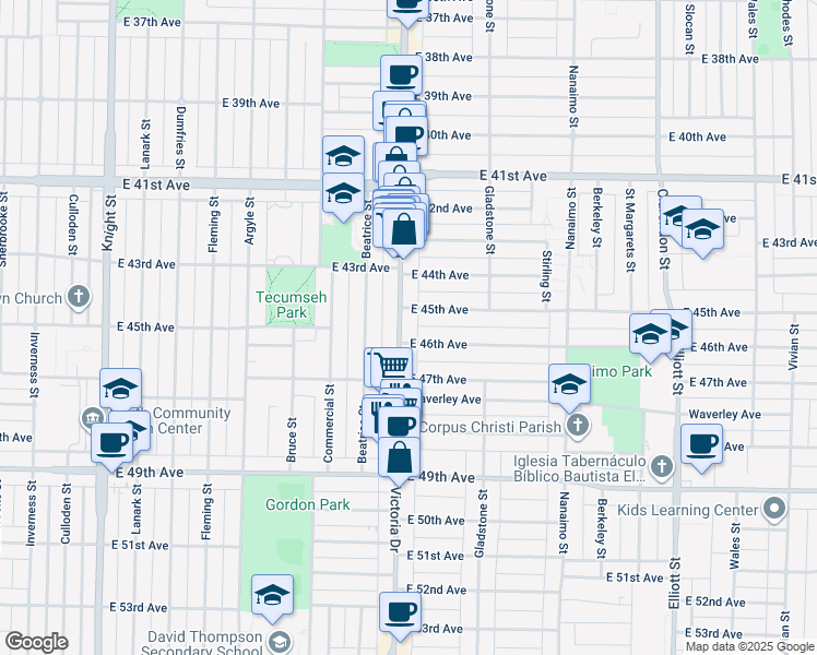 map of restaurants, bars, coffee shops, grocery stores, and more near 6056 Victoria Drive in Vancouver