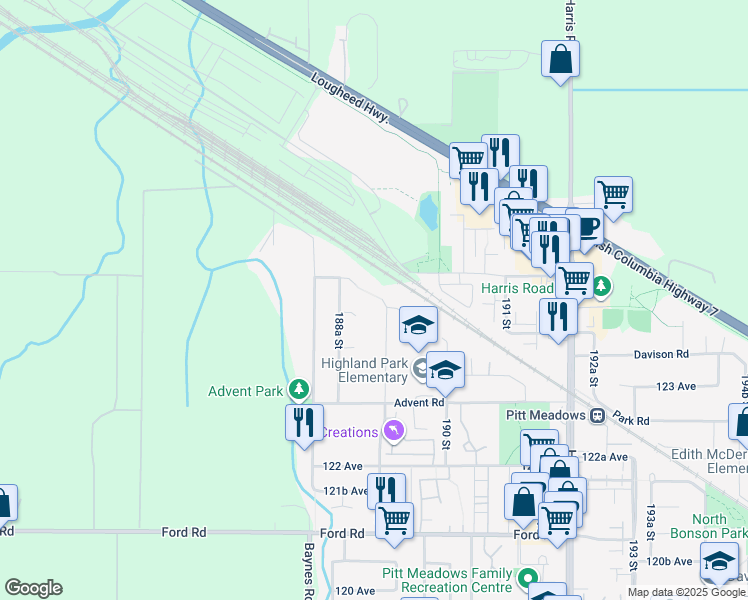 map of restaurants, bars, coffee shops, grocery stores, and more near 12453 189A Street in Pitt Meadows