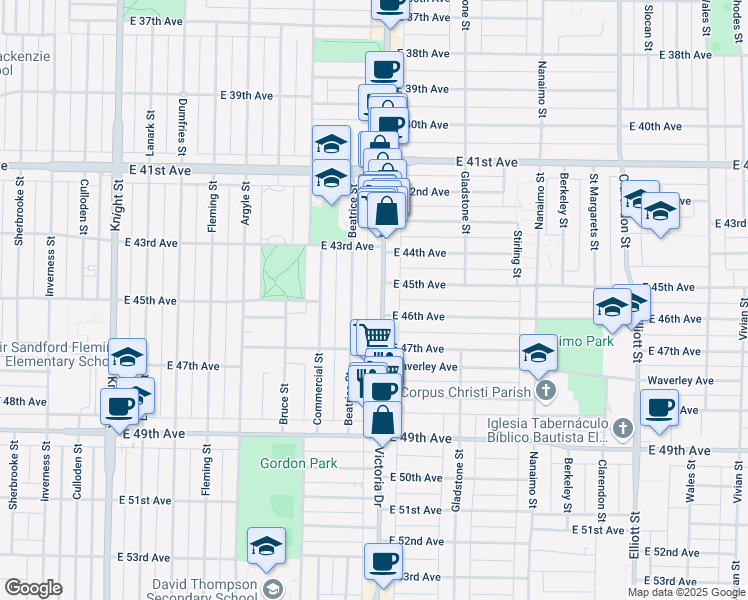 map of restaurants, bars, coffee shops, grocery stores, and more near 6085 Victoria Drive in Vancouver