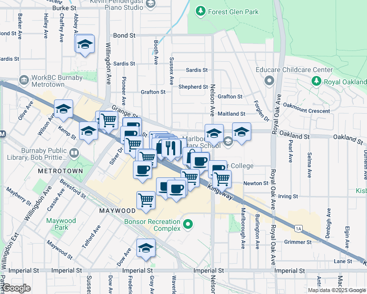 map of restaurants, bars, coffee shops, grocery stores, and more near 4769 Hazel Street in Burnaby