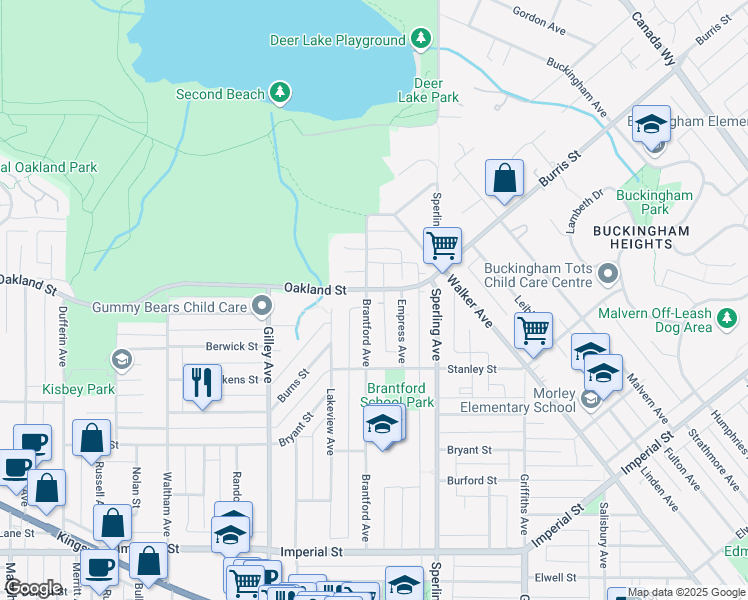 map of restaurants, bars, coffee shops, grocery stores, and more near 6036 Brantford Avenue in Burnaby