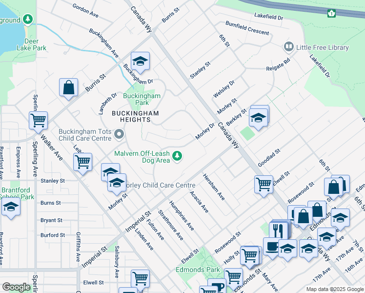 map of restaurants, bars, coffee shops, grocery stores, and more near Morley Drive in Burnaby