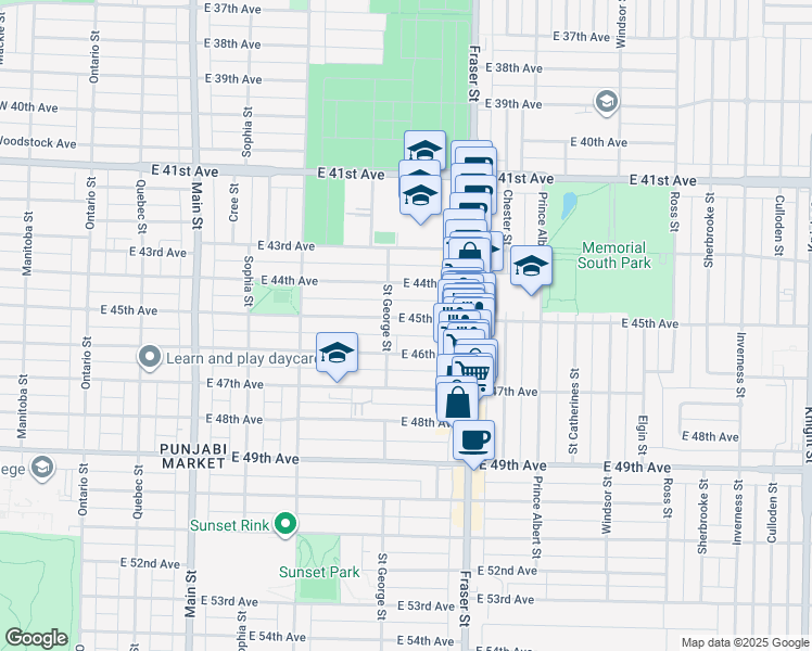 map of restaurants, bars, coffee shops, grocery stores, and more near 552 East 45th Avenue in Vancouver