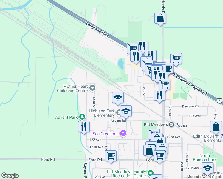 map of restaurants, bars, coffee shops, grocery stores, and more near 18923 124 Avenue in Pitt Meadows