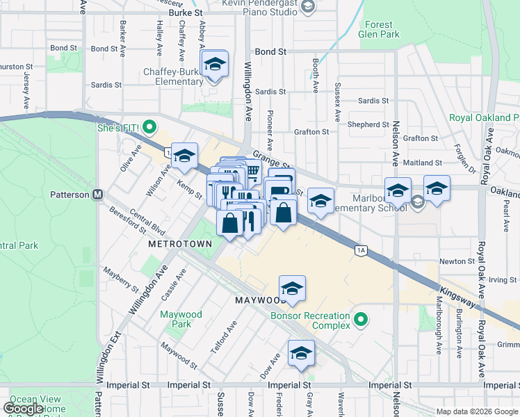 map of restaurants, bars, coffee shops, grocery stores, and more near 6000 McKay Avenue in Burnaby