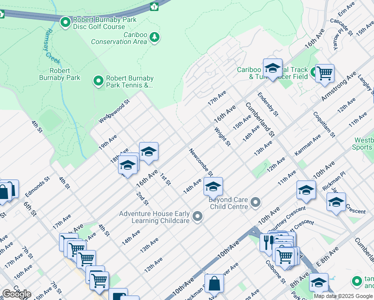 map of restaurants, bars, coffee shops, grocery stores, and more near 7553 Newcombe Street in Burnaby
