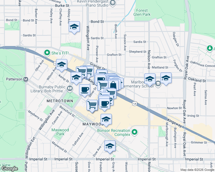 map of restaurants, bars, coffee shops, grocery stores, and more near 4653 Kingsway in Burnaby