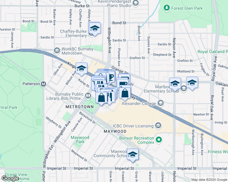 map of restaurants, bars, coffee shops, grocery stores, and more near in Burnaby