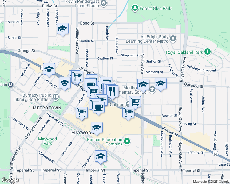 map of restaurants, bars, coffee shops, grocery stores, and more near 4705 Kingsway in Burnaby