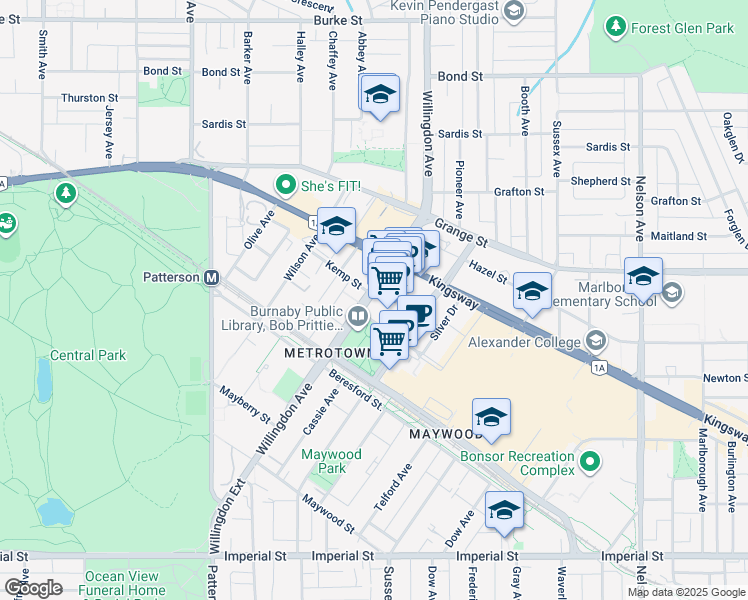 map of restaurants, bars, coffee shops, grocery stores, and more near 4501 Kingsborough Street in Burnaby