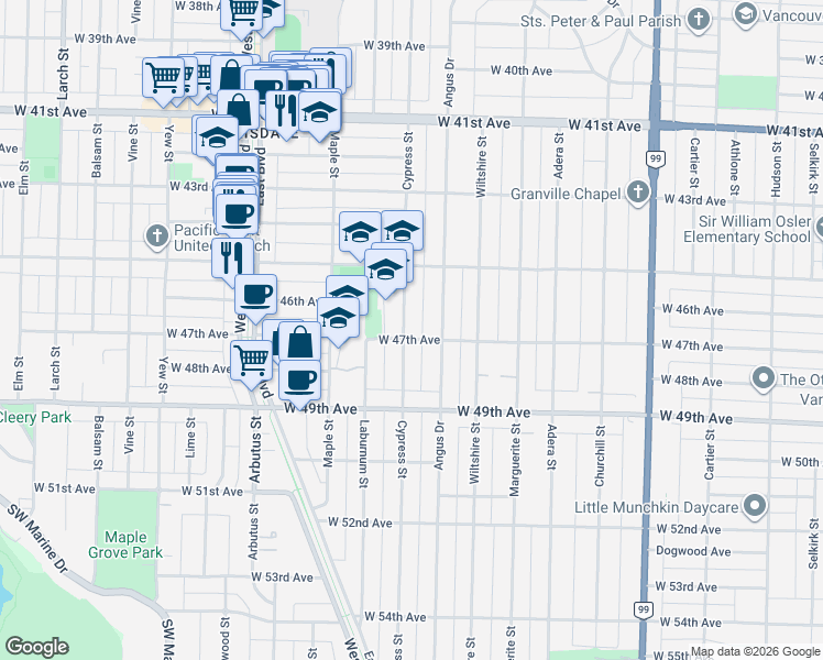 map of restaurants, bars, coffee shops, grocery stores, and more near 1899 West 47th Avenue in Vancouver