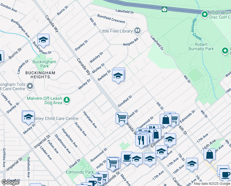 map of restaurants, bars, coffee shops, grocery stores, and more near 7750 Mayfield Street in Burnaby