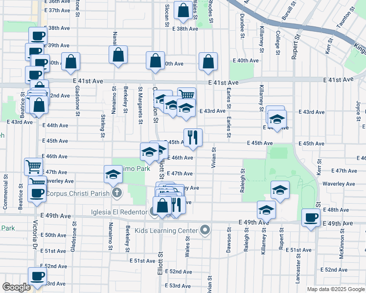 map of restaurants, bars, coffee shops, grocery stores, and more near 2662 East 45th Avenue in Vancouver