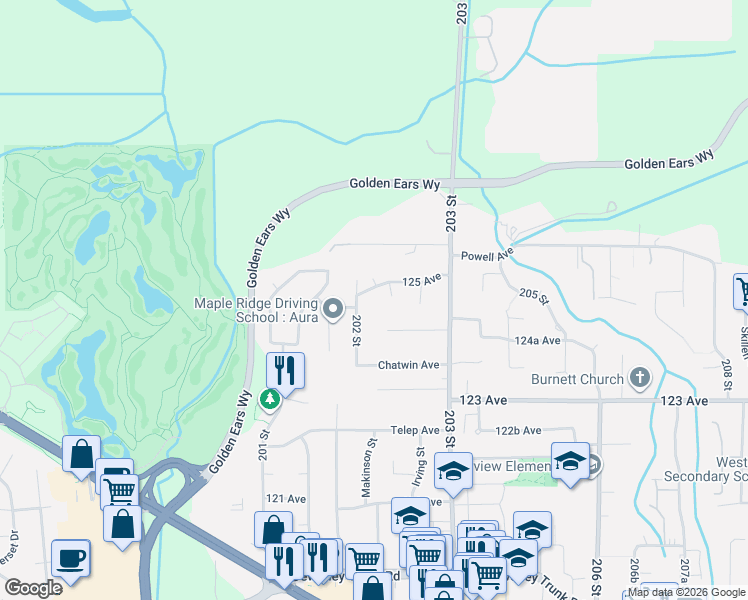 map of restaurants, bars, coffee shops, grocery stores, and more near 20285 124 Avenue in Maple Ridge