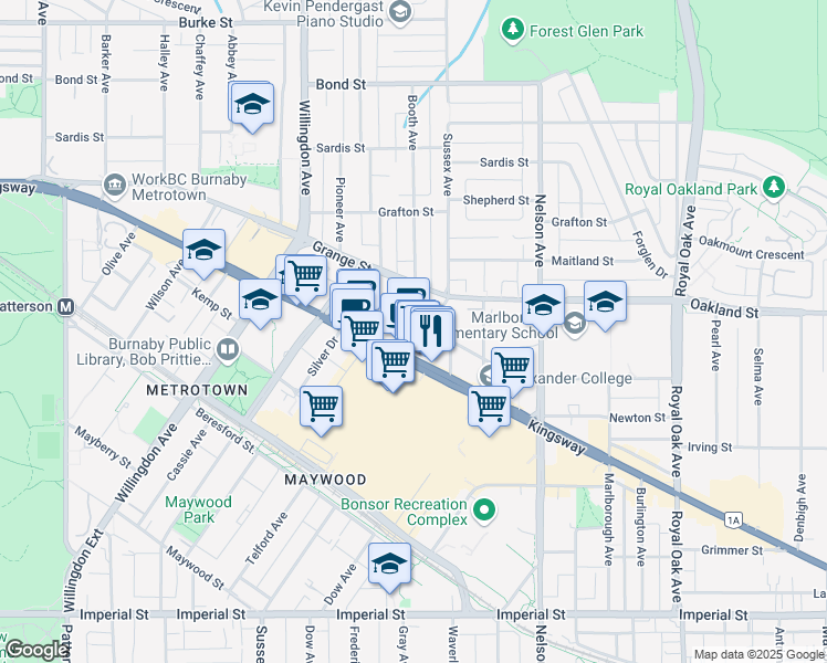 map of restaurants, bars, coffee shops, grocery stores, and more near 4705 Kingsway in Burnaby