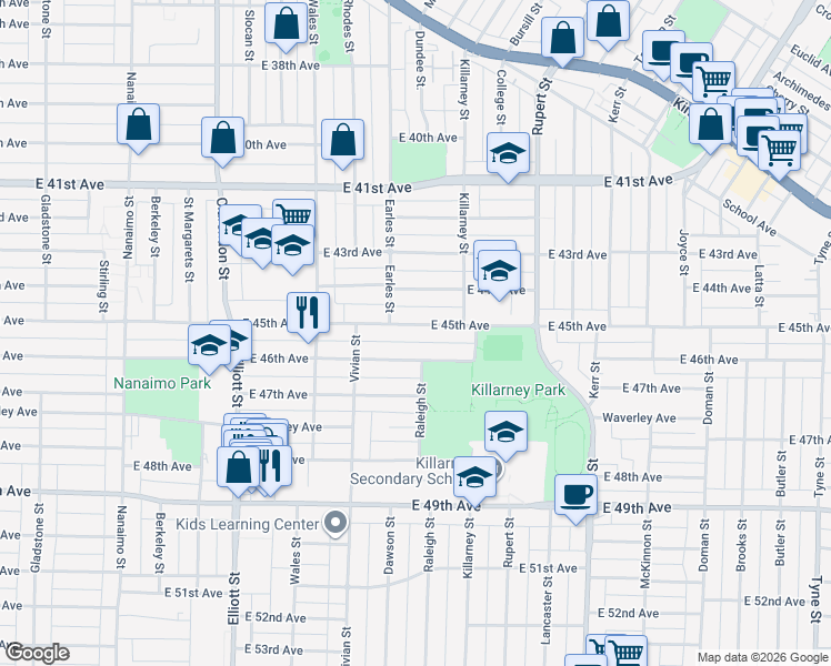 map of restaurants, bars, coffee shops, grocery stores, and more near 2804 East 45th Avenue in Vancouver