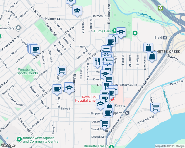 map of restaurants, bars, coffee shops, grocery stores, and more near 338 Ward Street in New Westminster