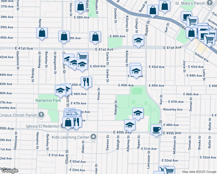 map of restaurants, bars, coffee shops, grocery stores, and more near 2772 East 45th Avenue in Vancouver