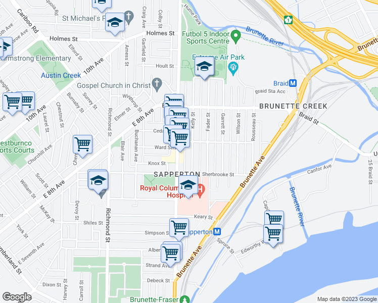 map of restaurants, bars, coffee shops, grocery stores, and more near 421 Kelly Street in New Westminster