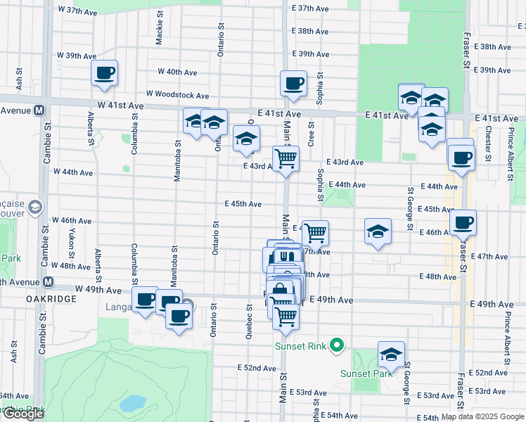 map of restaurants, bars, coffee shops, grocery stores, and more near 136 East 45th Avenue in Vancouver