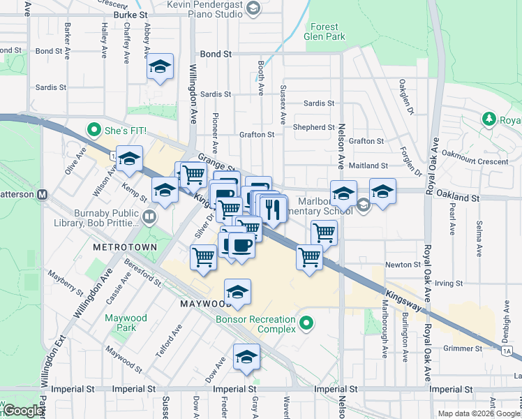 map of restaurants, bars, coffee shops, grocery stores, and more near 4705 Kingsway in Burnaby