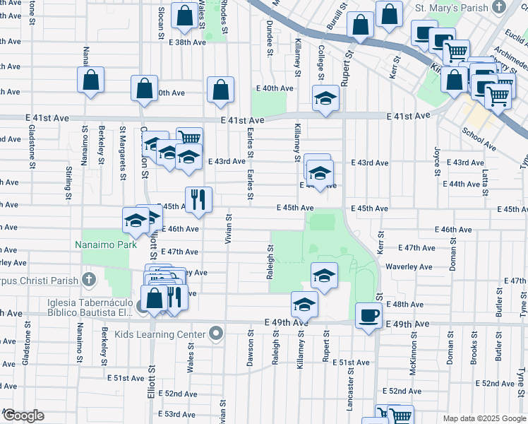 map of restaurants, bars, coffee shops, grocery stores, and more near 2802 East 45th Avenue in Vancouver